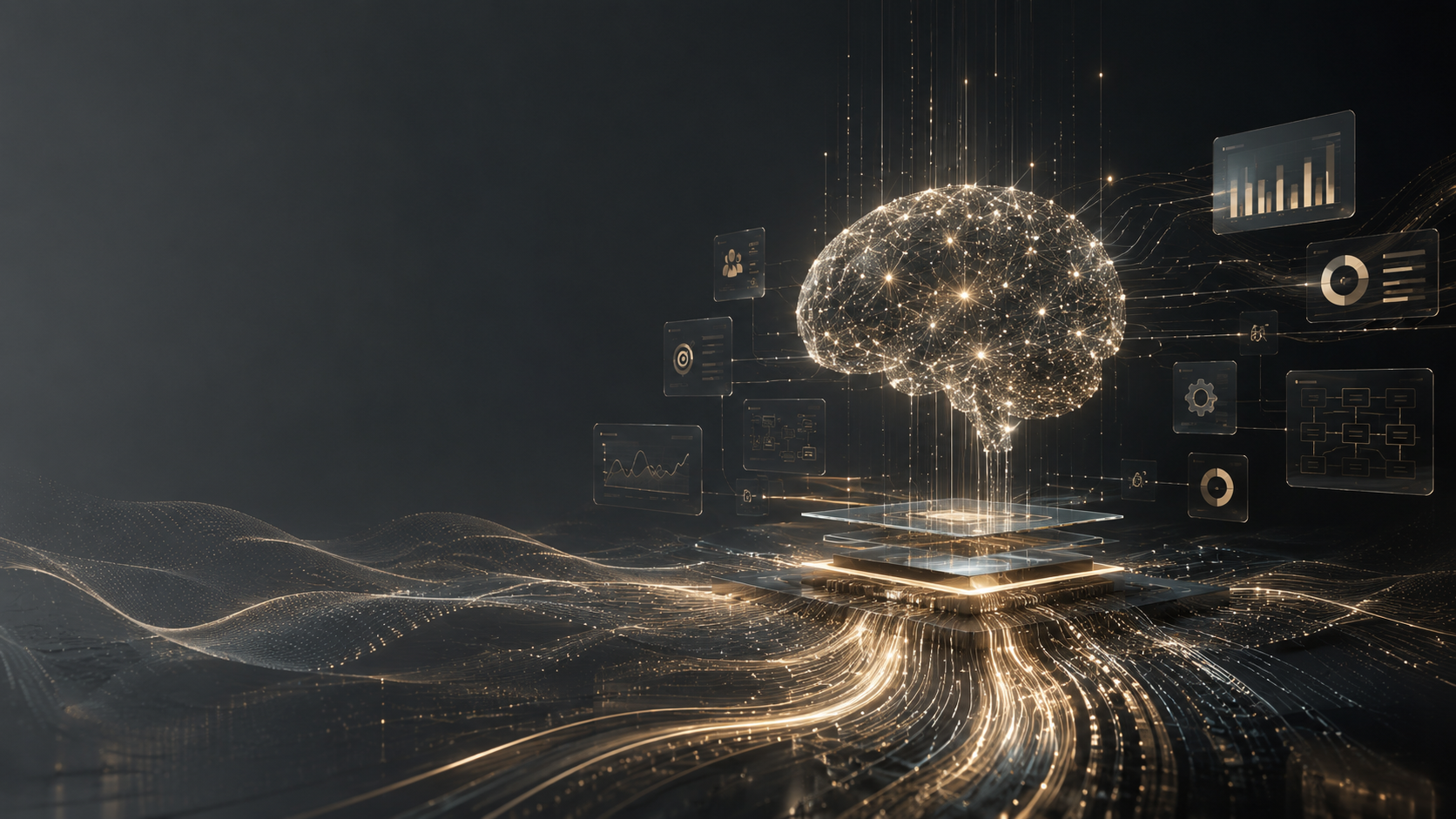 Glowing neural-network brain above a tiered data platform, with flowing golden light streams and floating holographic analytics panels