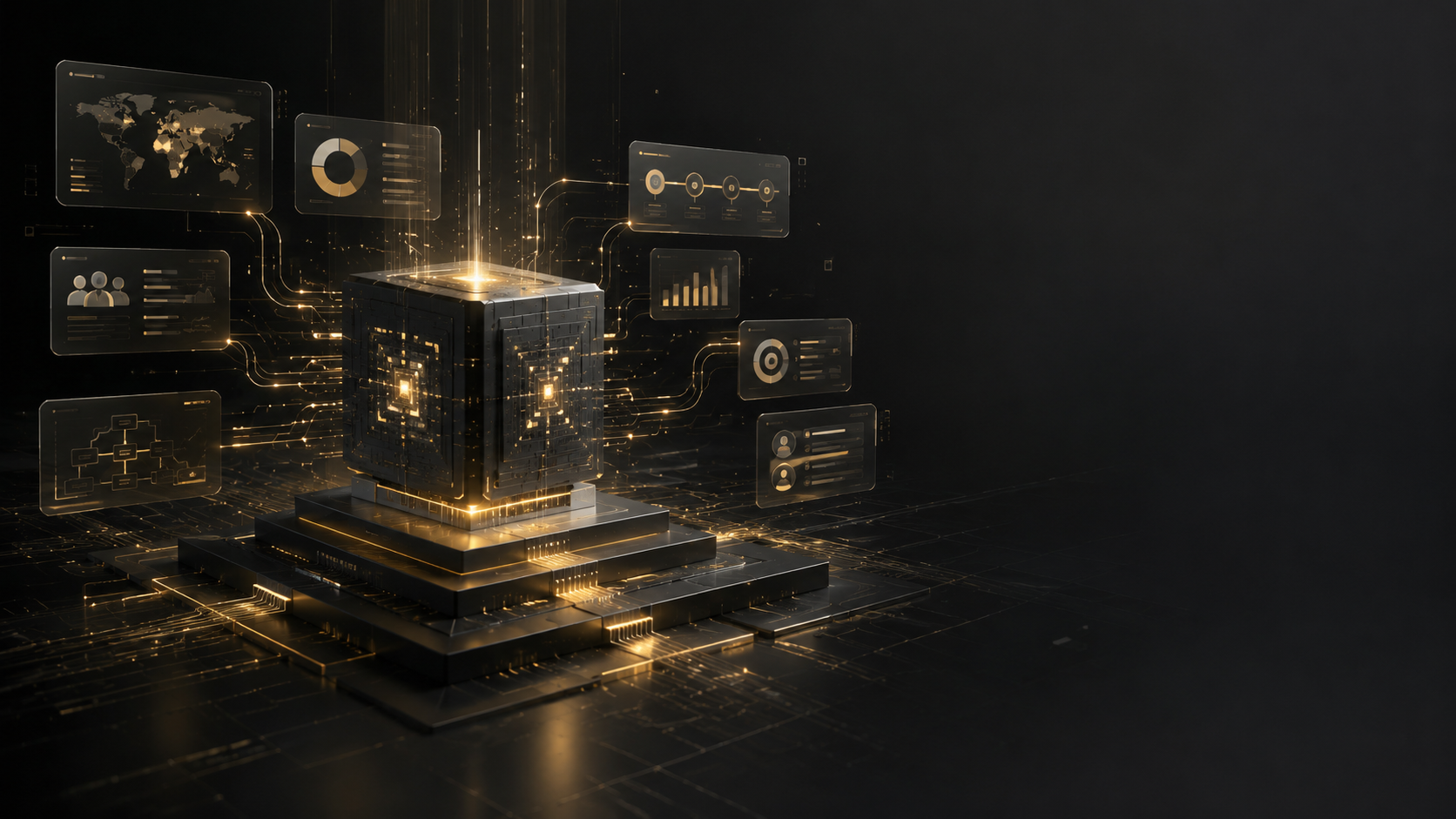 Dark metallic data-core cube on a tiered pedestal, radiating golden circuitry across the floor to surrounding holographic panels